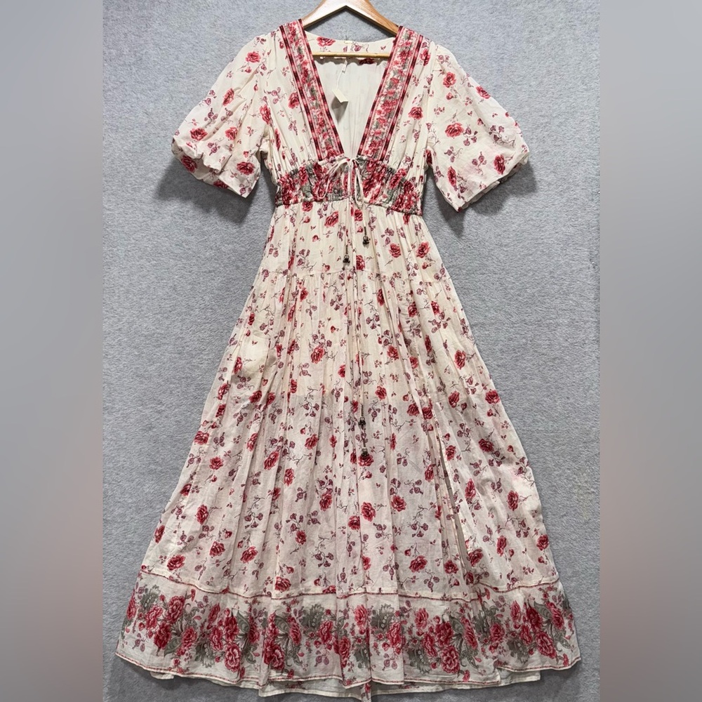 Free People Sz S Lysette V-Neck Floral Maxi Dress Tea Combo